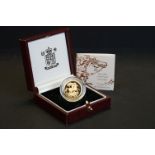 A Royal Mint United Kingdom Queen Elizabeth II 1999 gold proof full sovereign coin complete with COA