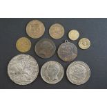 A small collection of coins, medallions and coin weights to include Victorian examples.
