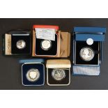 A collection of five cased silver proof coins to include the 2012 Queens Diamond Jubilee crown, 1995