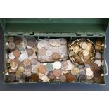 A collection of mixed coins to include foreign and British pre decimal examples.