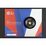 A Royal Mint Queen Elizabeth II 2014 Britannia 1/14th oz gold proof coin, numbered 3222, all