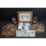 A small collection of British and foreign coins and banknotes to include commemorative crowns, pre