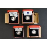 A collection of four Royal Mint United Kingdom silver proof £1 / one pound coins to include 1989,