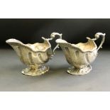 Pair of late Victorian silver sauce boats, gadrooned border, scroll handle, gadroon-style decoration