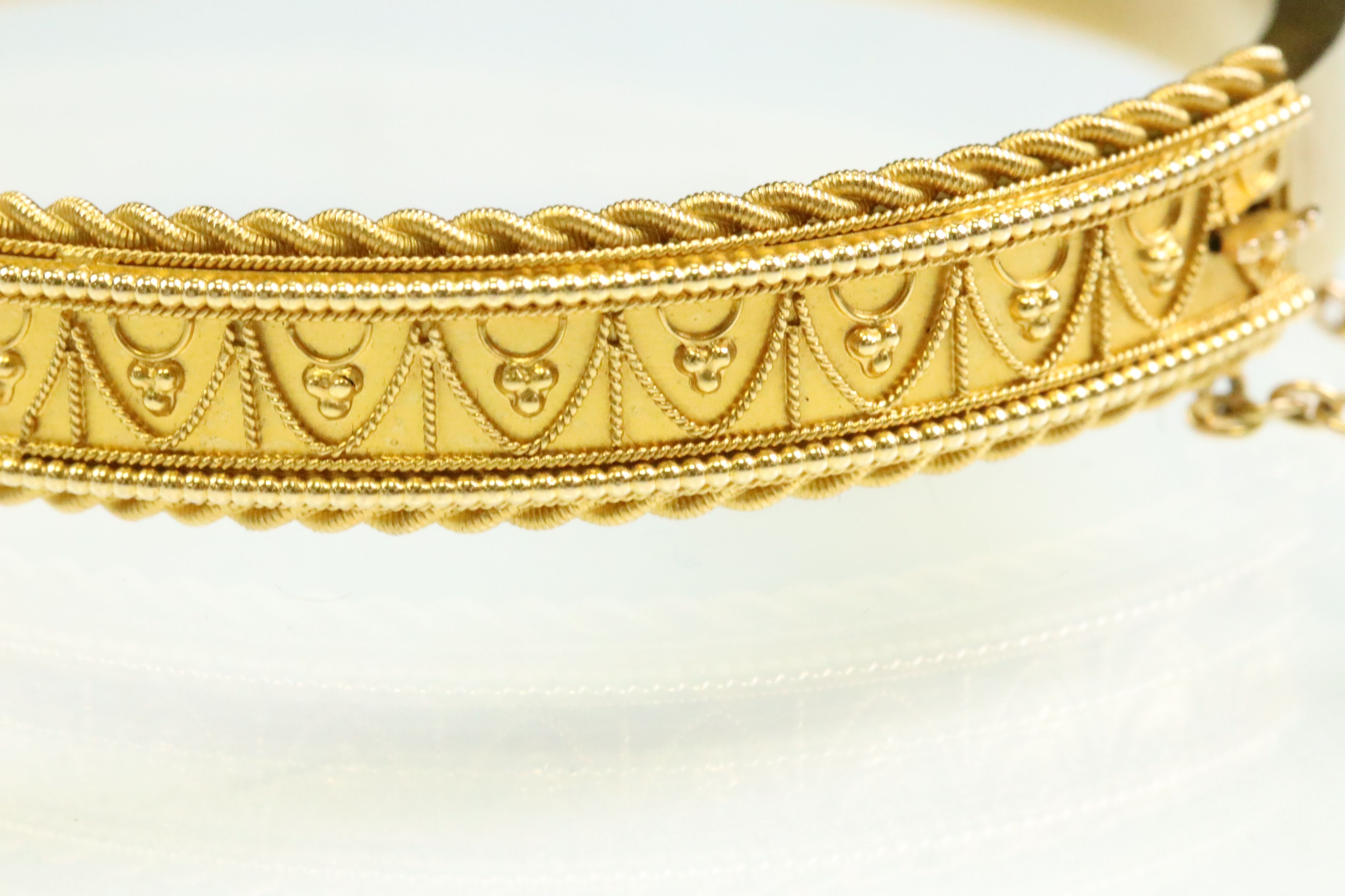 Victorian Etruscan revival 15ct yellow gold hinged bangle, rope twist and granulation detailing, - Image 3 of 5