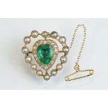 19th century emerald, diamond and pearl unmarked yellow gold heart shaped brooch, the heart-shaped