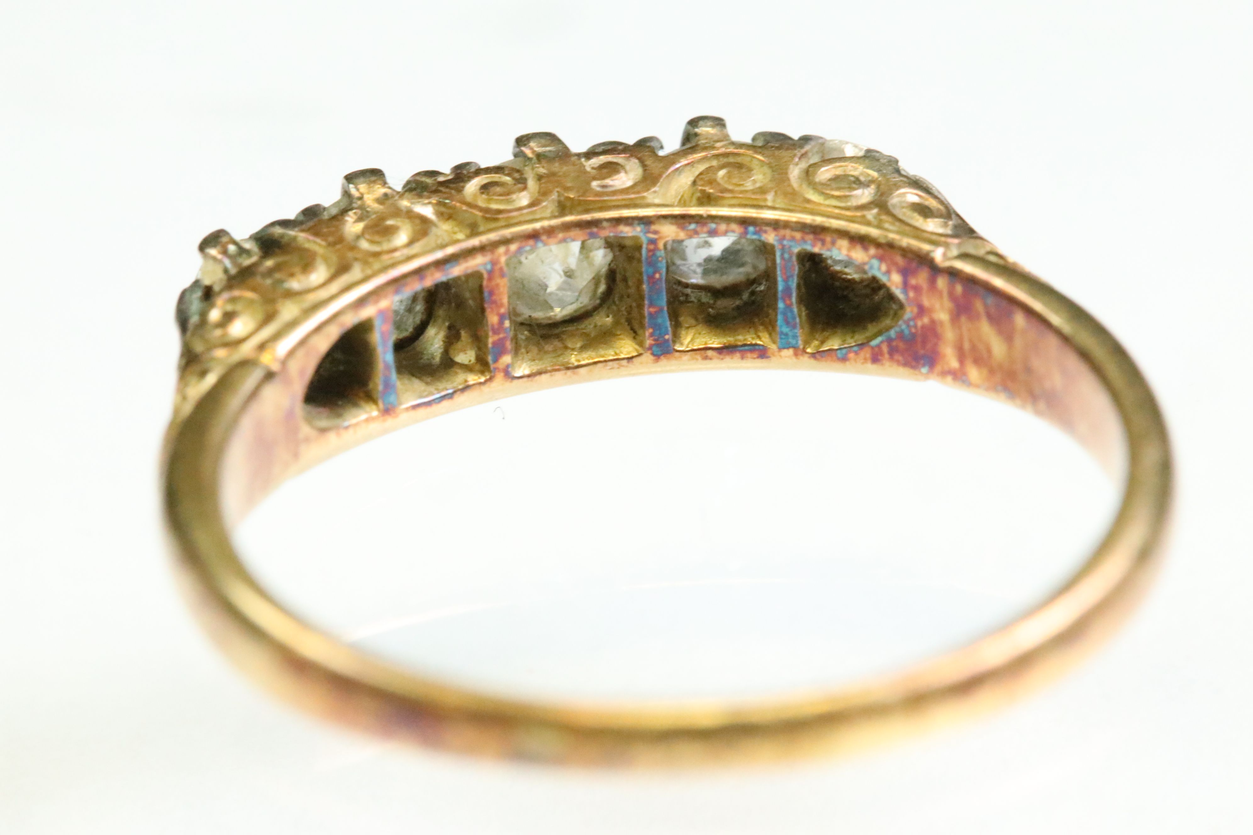Victorian diamond unmarked yellow gold five stone ring, five graduated old cushion cut diamonds, - Image 5 of 5