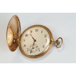 9ct rose gold top wind slimline full hunter pocket watch, plain polished case, champagne dial and