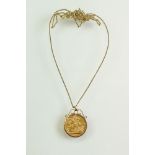 Full sovereign coin pendant necklace, Edward VII dated 1908, 9ct gold coin mount, 9ct gold belcher