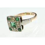 Art Deco emerald and diamond 18ct yellow gold and platinum set ring, the square head set with square