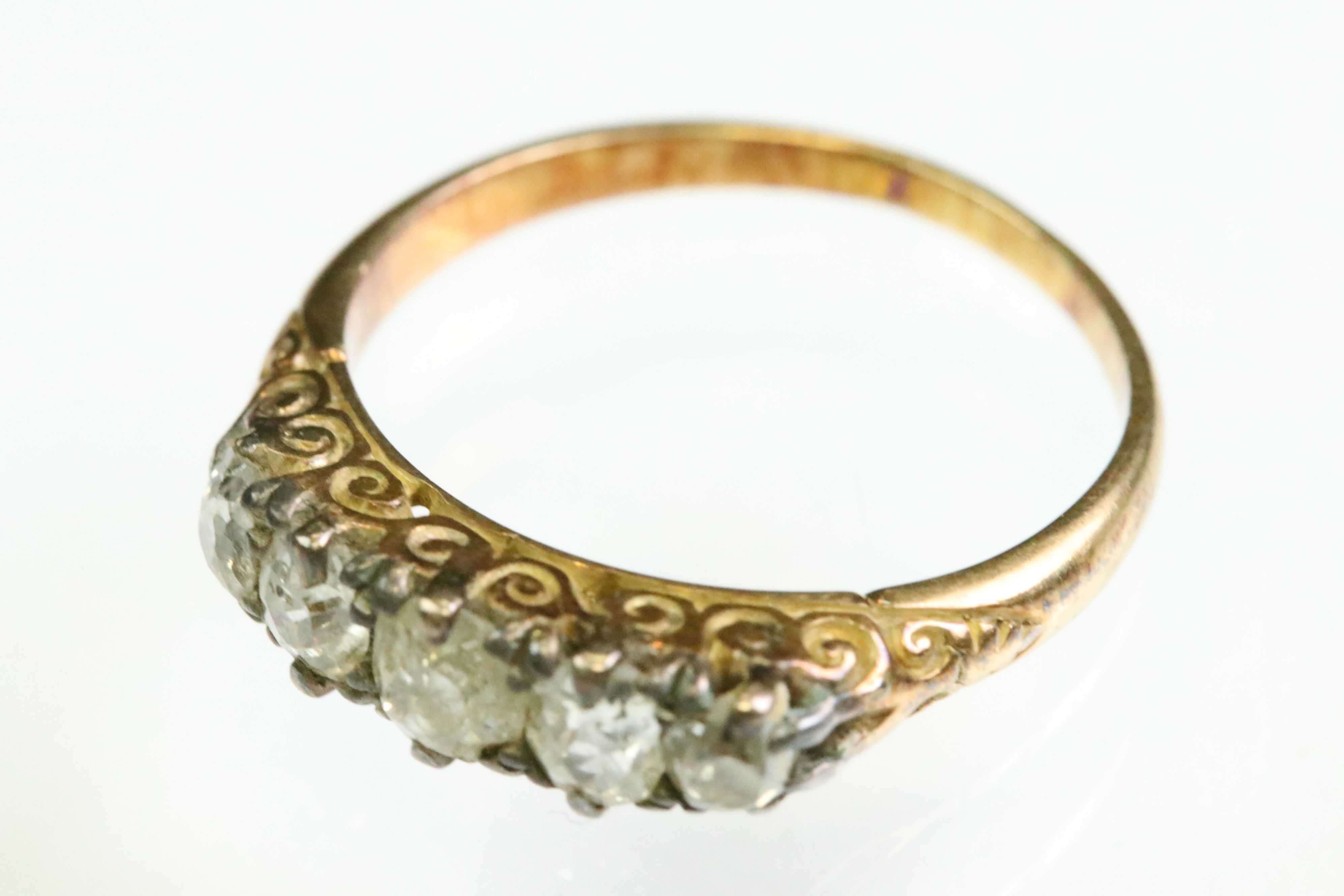 Victorian diamond unmarked yellow gold five stone ring, five graduated old cushion cut diamonds, - Image 4 of 5