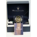 A gents Maserati chronograph wristwatch, 44mm black dial and bezel, date marker to 3pm, original