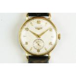A vintage 1960's gents Longines 18ct gold cased wristwatch with sub second dial to 6 o'clock.