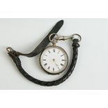 Silver fob watch, engraved floral and foliate scroll case, vacant cartouche, white enamel dial,