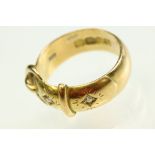Late Victorian diamond 18ct yellow gold buckle ring, two small round old eight cut diamonds, flush