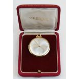 Vertex 9ct yellow gold top wind slimline pocket watch, champagne dial black and applied gilt baton