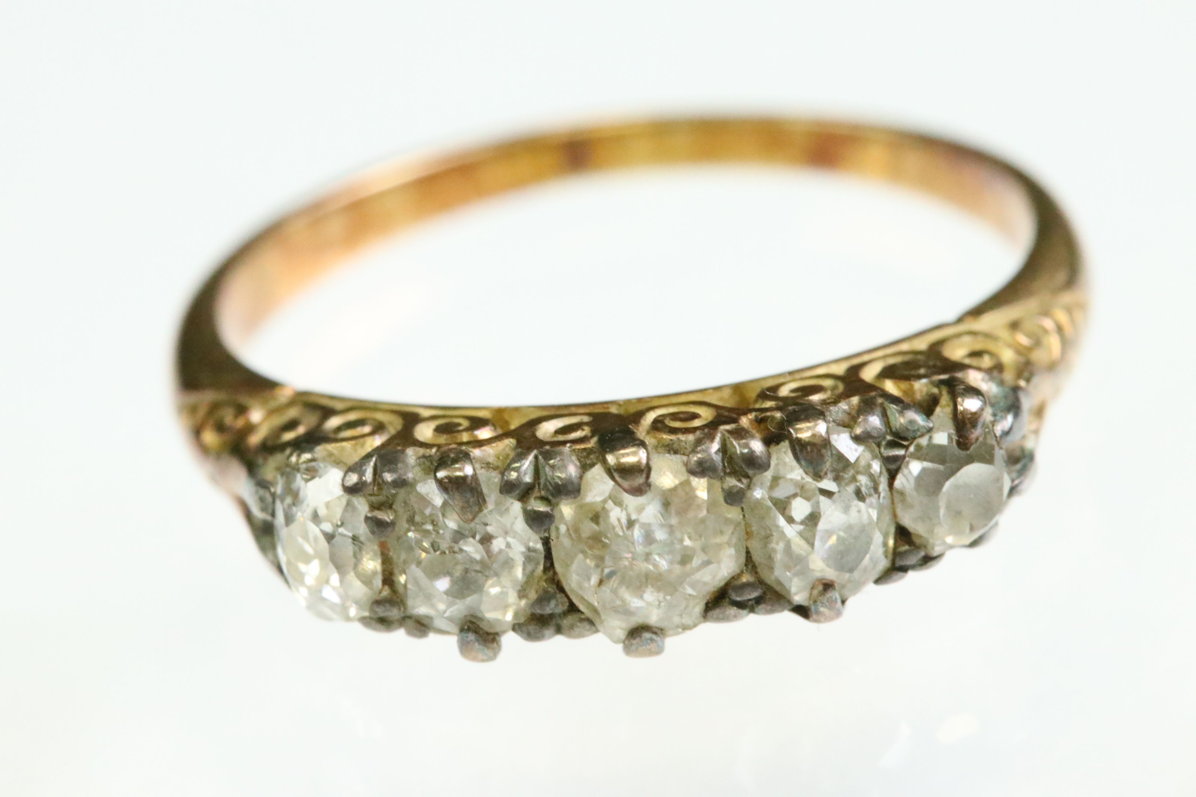Victorian diamond unmarked yellow gold five stone ring, five graduated old cushion cut diamonds, - Image 2 of 5