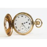 Gold plated half hunter pocket watch, white enamel dial and seconds dial, black Roman numerals and