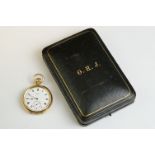 Waltham 18ct yellow gold open face top wind pocket watch, white enamel dial and seconds dial,