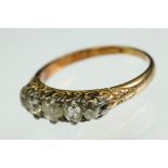 Victorian diamond unmarked yellow gold five stone ring, five graduated old cushion cut diamonds,