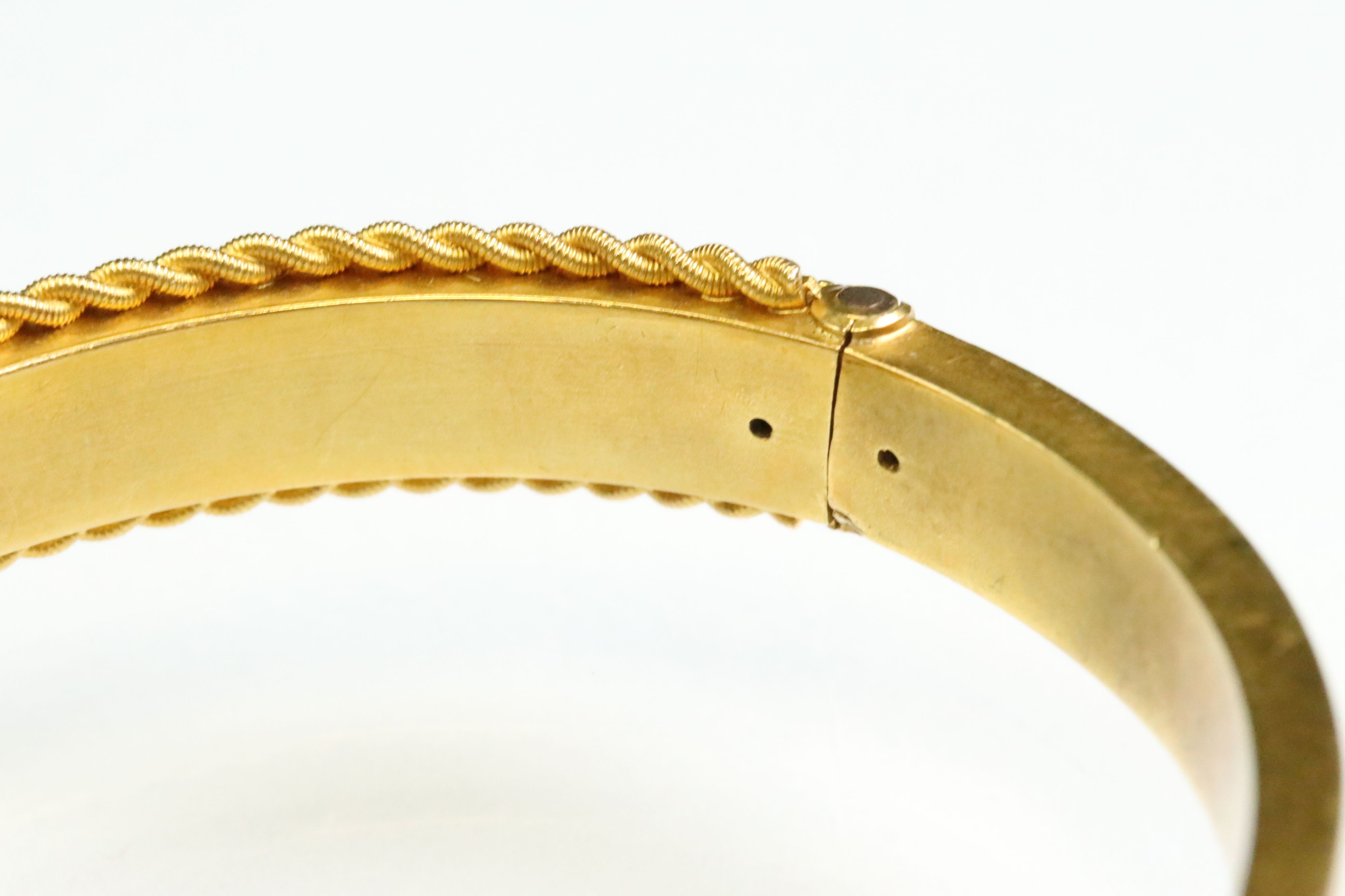 Victorian Etruscan revival 15ct yellow gold hinged bangle, rope twist and granulation detailing, - Image 5 of 5