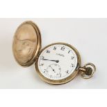 9ct gold full hunter top wind pocket watch, H Samuel, white enamel dial and seconds dial, black