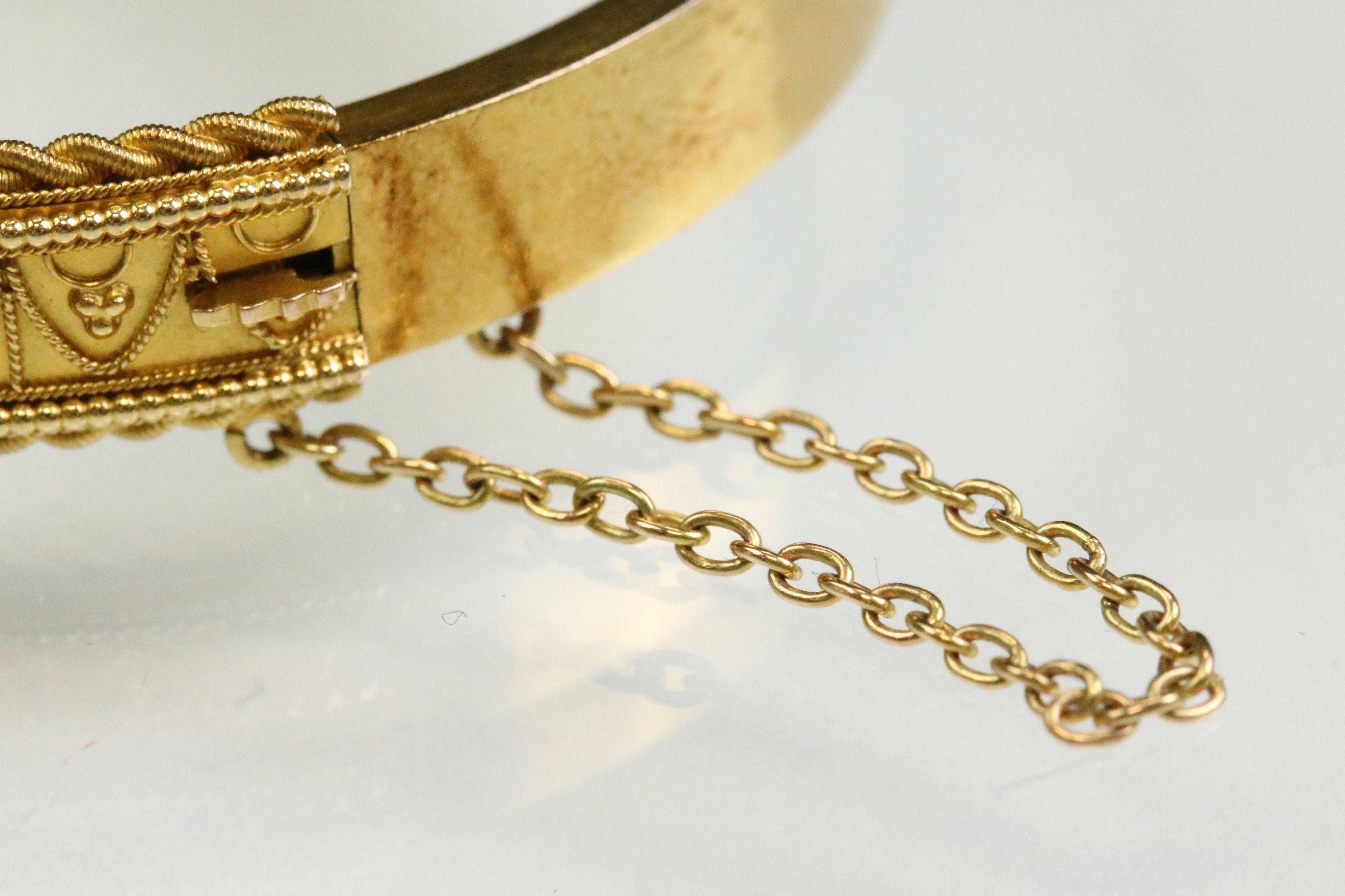 Victorian Etruscan revival 15ct yellow gold hinged bangle, rope twist and granulation detailing, - Image 4 of 5