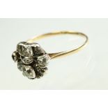 Diamond yellow gold and white metal set giardinetti ring, cushion cut and round old cut diamonds,