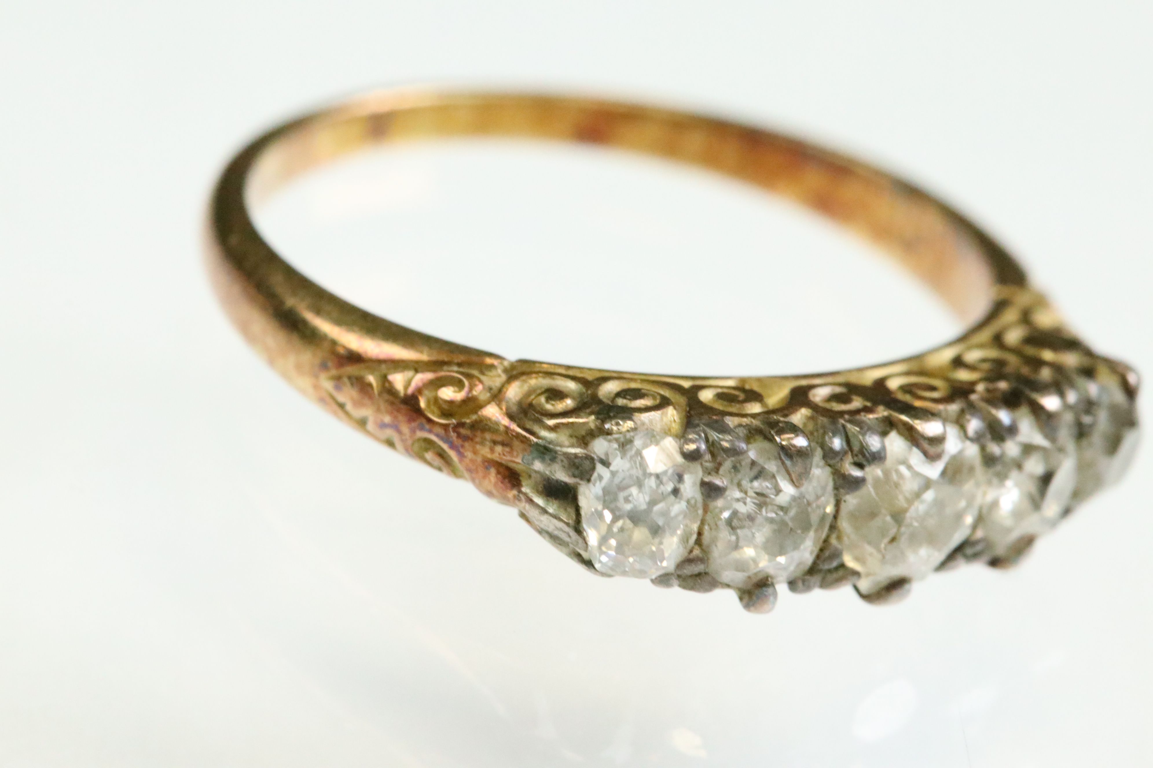 Victorian diamond unmarked yellow gold five stone ring, five graduated old cushion cut diamonds, - Image 3 of 5
