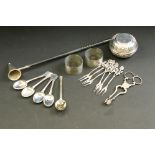 Collection of silver to include turned ebony handled silver snuffer; a pair of silver tea tongs,