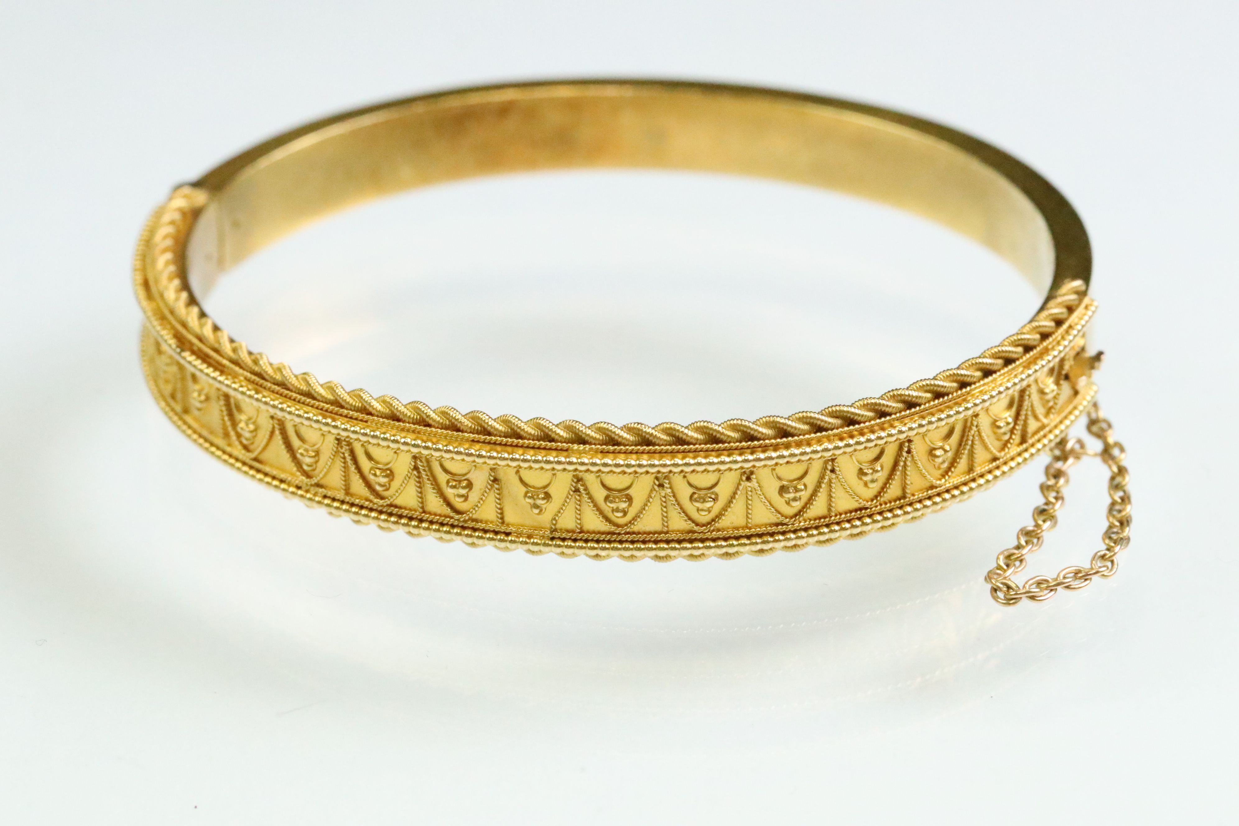 Victorian Etruscan revival 15ct yellow gold hinged bangle, rope twist and granulation detailing, - Image 2 of 5