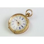 18ct gold top wind open face fob watch, white enamel dial, blue Roman numerals, poker hands,