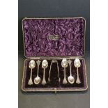 Victorian cased set of six silver tea spoons, trefid finial, engraved foliate and zigzag decoration,