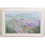 Sue Fenlen, Large Oil on Board, Impressionist Landscape with Flowers in Fields along a Country Lane,