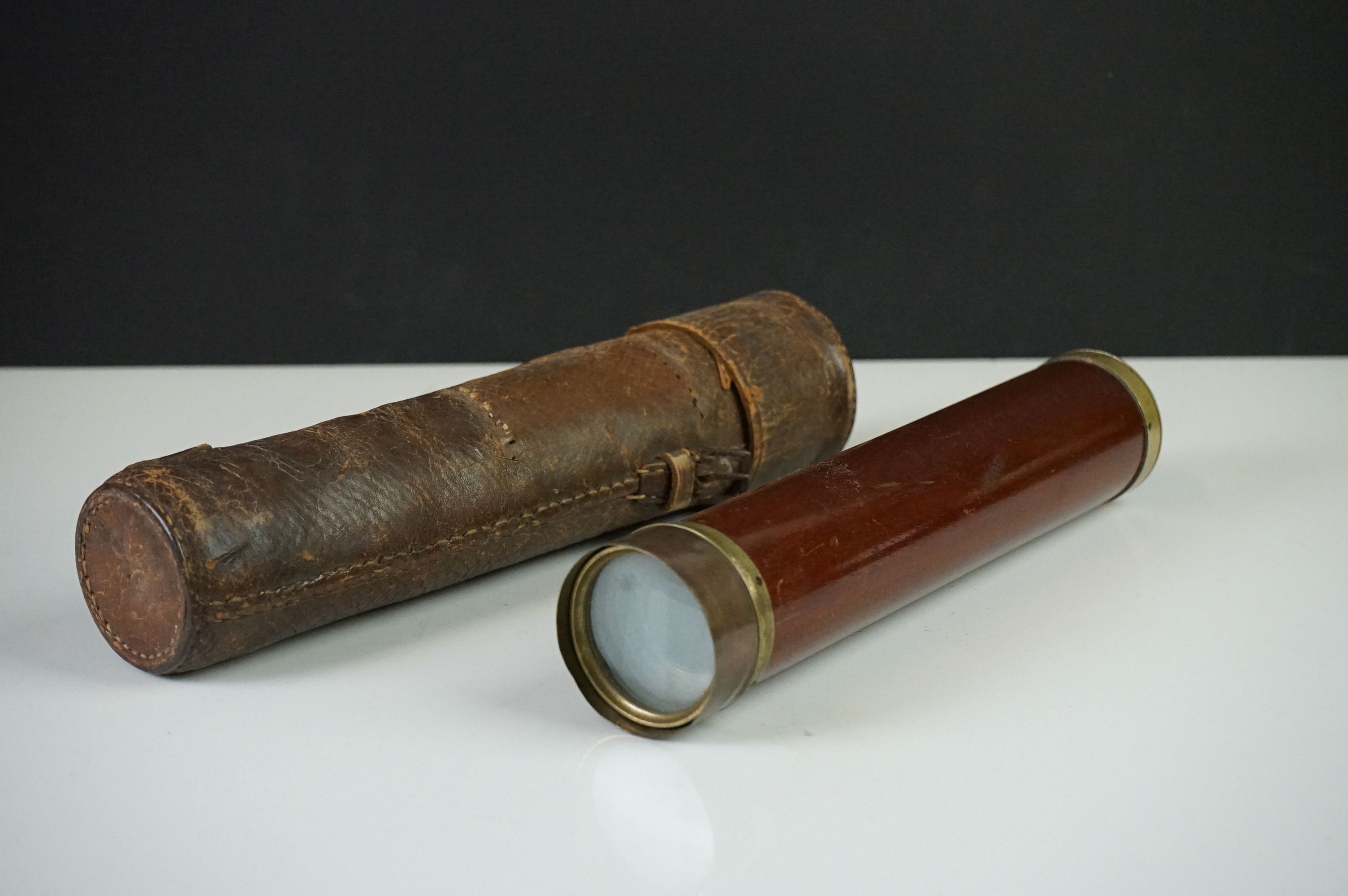 19th century Dolland of London Three Drawer Brass and Mahogany Telescope in Leather Case