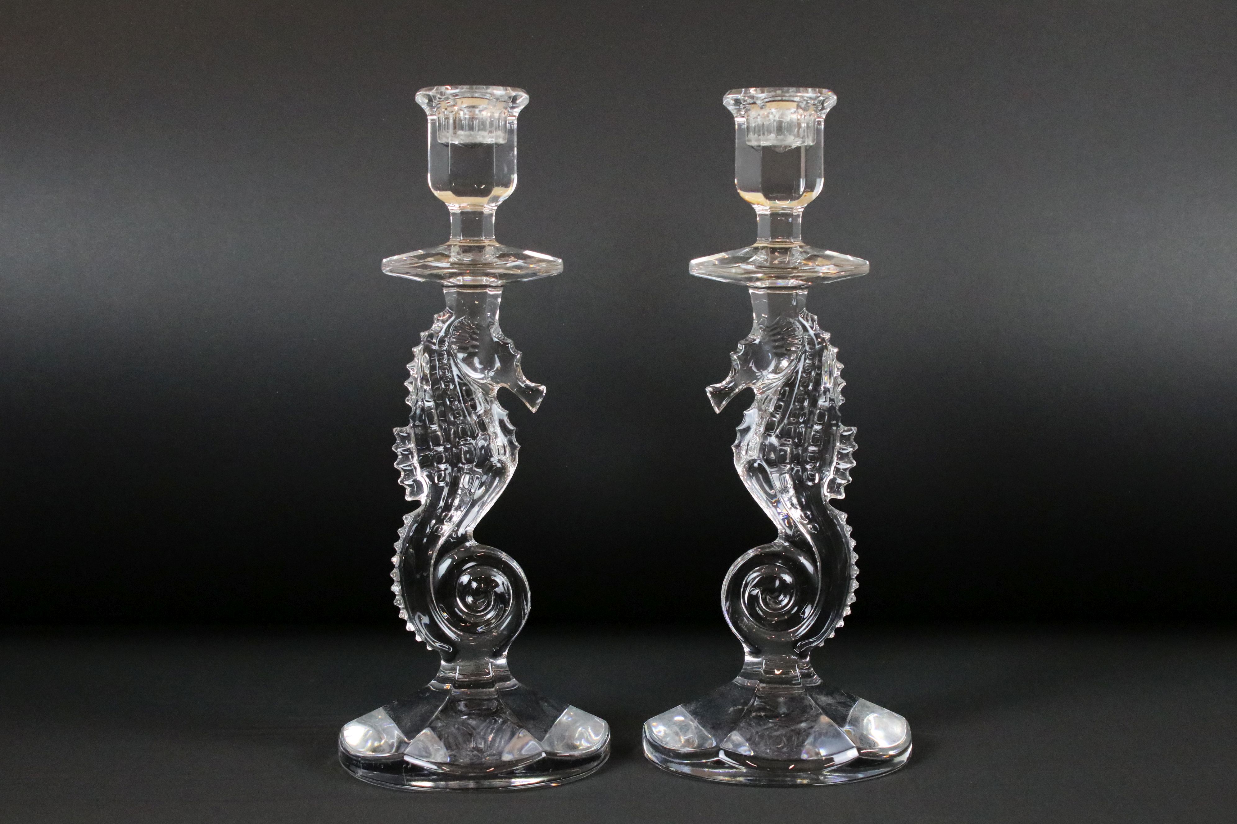 Pair of Waterford Crystal Glass Candlesticks in the form of Seahorses, etched marks to base, 29.
