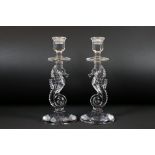 Pair of Waterford Crystal Glass Candlesticks in the form of Seahorses, etched marks to base, 29.