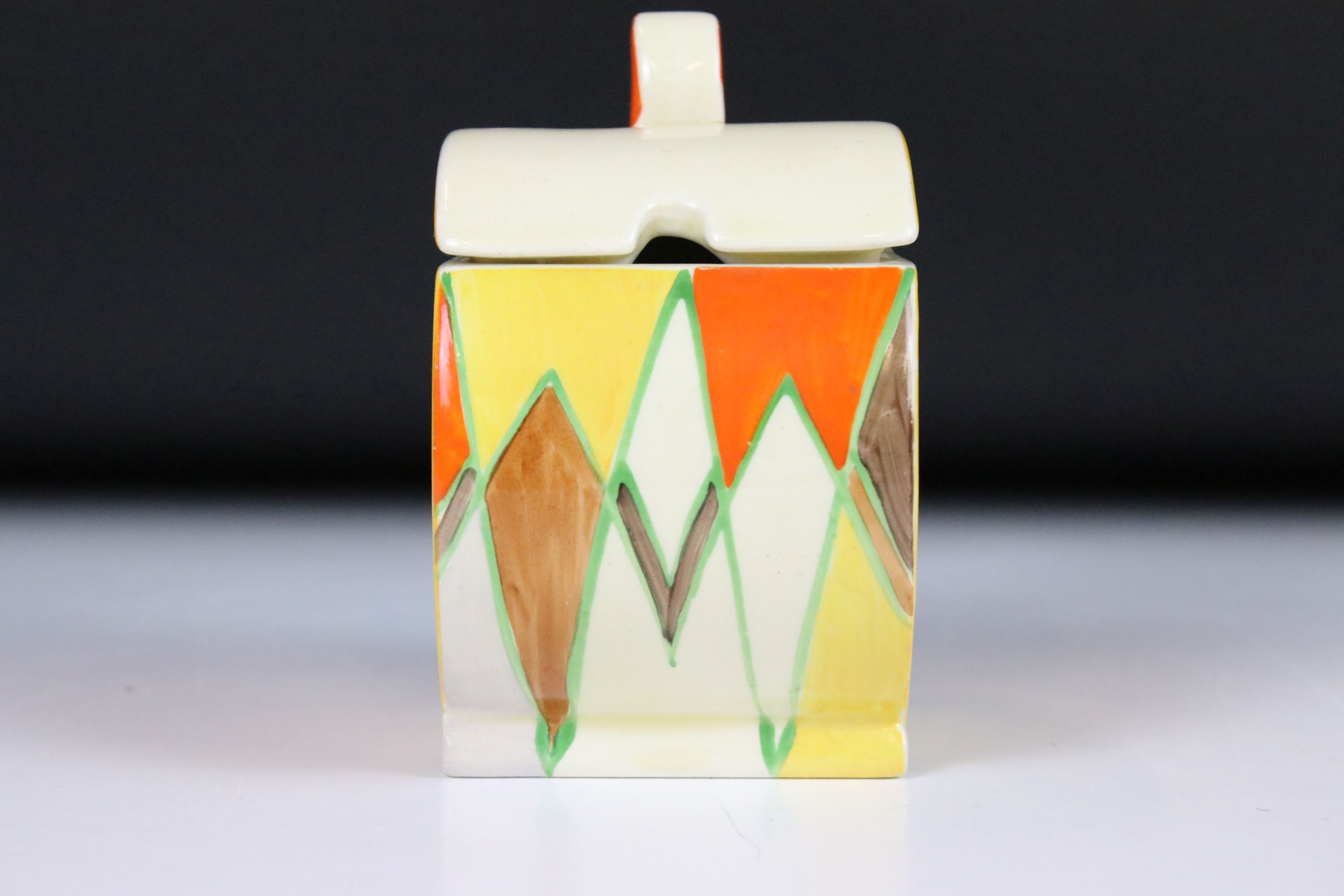 Clarice Cliff Bizarre Bon Jour Preserve Pot and Cover decorated in the Sungold pattern, 11cm high - Image 6 of 8