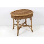 Mid century Wicker and Pine Oval Table, 68cm wide x 62cm high