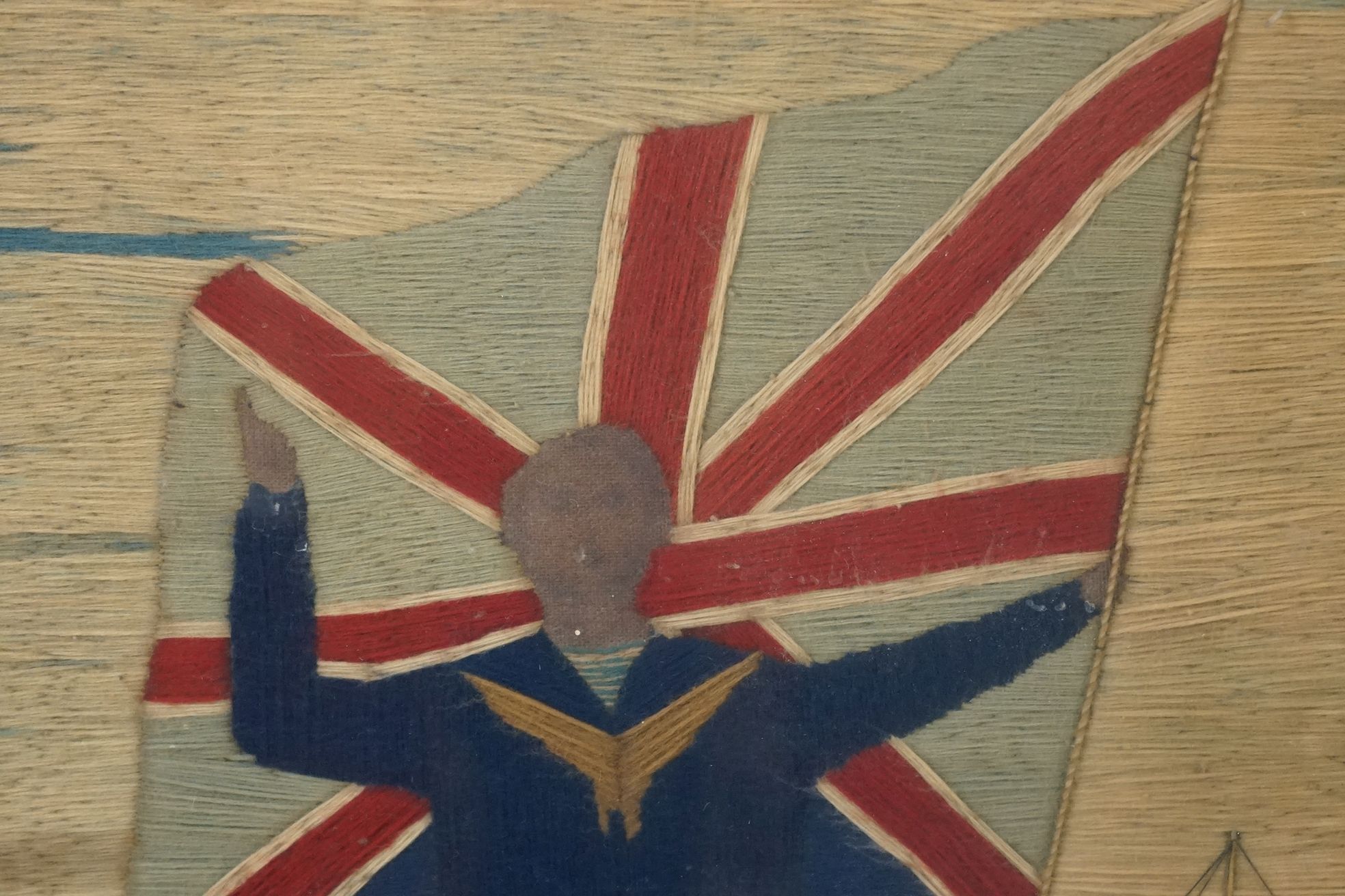 19th century Woolwork Embroidery of a Sailor stood on a rocky outcrop holding a flag with French and - Image 4 of 12