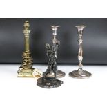 Art Deco spelter golf trophy lacking club, a Corinthian column candlestick & a pair of silver plated