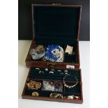 A wood and faux leather jewellery box with contents to include vintage and contemporary costume