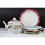 19th century English porcelain oval teapot, pattern 421, a pair of Grainger & Co plates & other