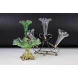 Green Glass Single Stem Epergne with frilled edge and gilt metal stand, 26cm high together with