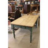 Pine farmhouse scrub top kitchen table with drawer and turned legs, 152cm long x 91cm wide x 78cm