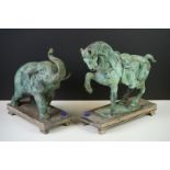 Verdigris Bronze Figure of a Chinese Tang Horse fitted onto a wooden plinth base, 26cm high together