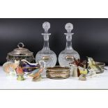 Mixed Lot including a Pair of Glass Decanters with Stoppers, a Pair of Silver Decanter Labels (