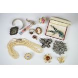 Collection of jewellery, to include boxed gilt & enamel flying goose brooch, pearl necklace, vintage