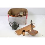 A collection of mixed copper ware to include jugs, pans, dishes ...etc. together with a pewter