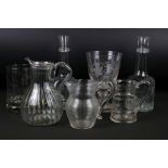 19th century glass tankard engraved ' E Barrett ' & dated 1847, with other interesting early glass